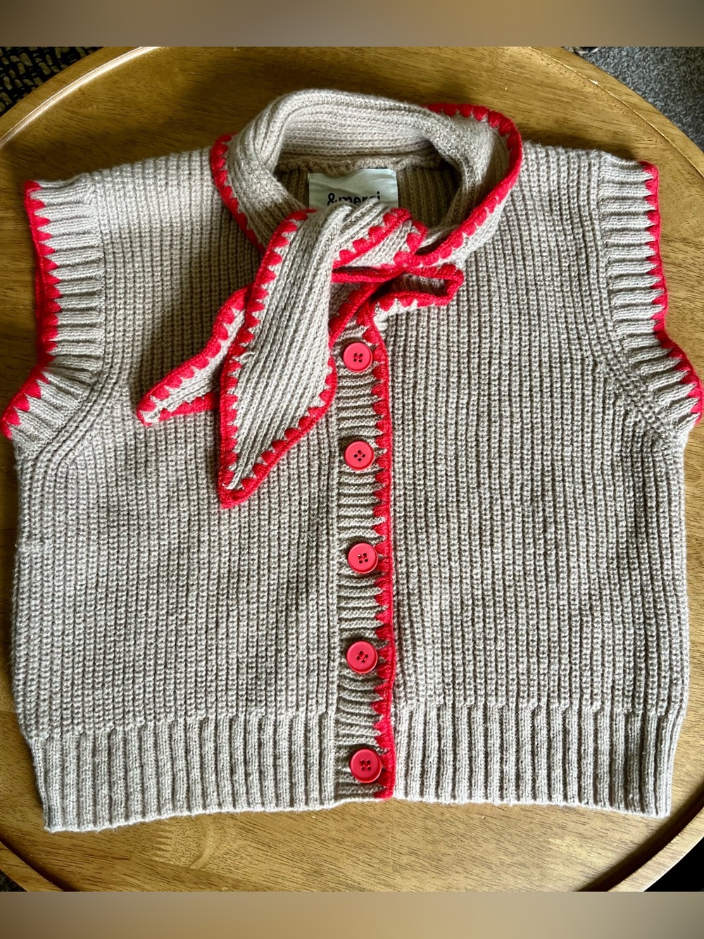 &Merci En Merci Tie Neck Sweater Vest S 100% Cotton Red Trim Boho
